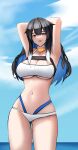 1girl :d absurdres arknights armpits arms_behind_head arms_up bandeau bangs bikini black_hair blue_eyes blue_hair blue_sky breasts choker cleavage cloud colored_inner_hair commentary_request cowboy_shot day highres kjera_(arknights) large_breasts long_hair looking_at_viewer multicolored_hair navel open_mouth sky smile solo standing stomach swimsuit thighs wawamachi_(wawamachis) white_bikini yellow_choker 