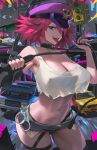  1girl black_gloves black_shorts breasts cleavage cuffs final_fight fingerless_gloves gloves handcuffs hat highres holding holding_whip hood_(james_x) large_breasts looking_at_viewer navel open_mouth pink_hair poison_(final_fight) purple_headwear short_hair short_shorts shorts solo teeth tongue tongue_out 