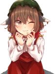  1girl :3 animal_ears brown_eyes brown_hair cat_ears chen commentary_request earrings hat jewelry long_sleeves looking_at_viewer mob_cap nekomata one_eye_closed short_hair simple_background solo touhou twitter_username unkmochi white_background 