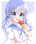  1girl :o araki495 bangs blue_eyes blue_hair blue_sailor_collar blush bow commentary_request dress food gochuumon_wa_usagi_desu_ka? grey_background hair_between_eyes hair_ornament hand_up highres holding holding_food kafuu_chino long_hair looking_at_viewer open_mouth popsicle sailor_collar sailor_dress short_sleeves sidelocks solo twintails two-tone_background very_long_hair watermelon_bar white_background white_bow white_dress x_hair_ornament 