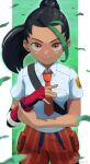  1girl absurdres black_gloves black_hair breast_pocket closed_mouth collared_shirt cowboy_shot dark-skinned_female dark_skin elbow_gloves falling_leaves fingerless_gloves freckles gloves green_hair highres leaf multicolored_hair necktie nemona_(pokemon) orange_necktie orange_shorts pocket pokemon pokemon_(game) pokemon_sv ponytail red_gloves shirt short_shorts short_sleeves shorts simple_background single_glove smile solo streaked_hair suzu_suzusumi two-tone_gloves two-tone_hair white_shirt 