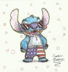  2022 4_toes 4th_of_july alien blue_body blue_claws blue_fur blue_nose chest_tuft claws clothed clothing creative-dreamr disney experiment_(lilo_and_stitch) eyewear feet flag_swimwear fur hands_on_hips head_tuft hi_res lilo_and_stitch notched_ear open_mouth open_smile pen_(artwork) signature smile solo stars_and_stripes stitch_(lilo_and_stitch) sunglasses swimming_trunks swimwear toes topless traditional_media_(artwork) tuft united_states_of_america watermark 