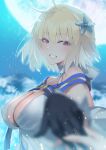  1girl 1other ahoge arcueid_brunestud backlighting bangs bare_shoulders black_gloves blonde_hair blue_flower blurry blurry_background blurry_foreground breasts cleavage commentary depth_of_field detached_sleeves dress fate/grand_order fate_(series) flower full_moon gloves grin hair_flower hair_ornament halter_dress halterneck hand_up highres holding_hands large_breasts light_blush looking_at_viewer looking_to_the_side moon moonlight night night_sky noto_kurumi outdoors pink_eyes pov pov_hands short_hair sky sleeveless sleeveless_dress smile solo_focus tsukihime twitter_username upper_body white_dress 