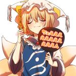  1girl blonde_hair commentary_request crying fox_tail glowstick hand_fan happy_tears hat kitsune kyuubi long_sleeves mob_cap multiple_tails short_hair solo tabard tail tears touhou twitter_username unkmochi yakumo_ran 