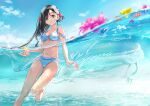  1girl bangs barefoot bikini black_hair blue_bikini blue_sky blush breasts brown_eyes cleavage cloud cloudy_sky day dragon eastern_dragon flower long_hair looking_at_viewer mole mole_under_eye navel ocean open_mouth original outdoors partially_submerged sky smile solo standing standing_on_one_leg swimsuit tiv wading water wet 