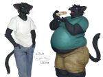  2022 aiden_belyaev_(cettus) anthro belly big_belly big_butt black_body bottomwear butt cettus clothing digital_drawing_(artwork) digital_media_(artwork) eating fangs fat_rolls felid feline food green_clothing green_shirt green_topwear hand_in_pocket hi_res looking_at_another love_handles male mammal moobs obese obese_anthro obese_male overweight overweight_anthro overweight_male pockets shirt shorts simple_background small_waist solo text thick_thighs time_lapse topwear weight_gain white_background white_clothing white_shirt white_topwear 