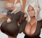  1girl animal_ears ass bent_over black_dress boku_no_hero_academia breasts cleavage curvy dark-skinned_female dark_skin desk dress from_behind frown hand_on_own_neck highres huge_ass huge_breasts large_breasts long_hair looking_at_viewer mirko office_lady open_mouth paranoiddroid5 rabbit_ears rabbit_tail red_eyes secretary solo speech_bubble tail talking tight tight_dress white_hair wide_hips 