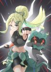  1girl absurdres bangs black_gloves black_shirt black_shorts blonde_hair clenched_hand closed_mouth commentary_request eyelashes fingerless_gloves gloves green_eyes green_ribbon hair_ornament hair_ribbon hairclip highres korrina_(pokemon) long_hair looking_at_viewer marshadow mochitaro_(mothitaroo) navel official_alternate_costume pokemon pokemon_(creature) pokemon_(game) pokemon_masters_ex ponytail ribbon shirt shorts sleeveless sleeveless_shirt smile 