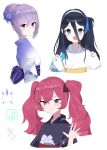  3girls arisu_(blue_archive) atsuko_(blue_archive) beko_(beco_1122) black_hair blue_archive blue_necktie bow braid flower gloves grey_eyes hair_bow hair_flower hair_ornament hairband highres iroha_(blue_archive) japanese_clothes kimono logo long_hair multiple_girls necktie one_side_up pouty_lips purple_eyes purple_hair red_hair side_ponytail simple_background smile twintails white_kimono 