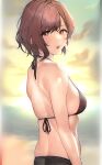  1girl :o absurdres bangs bare_arms bare_shoulders bikini black_bikini blurry blurry_background blush breasts brown_eyes brown_hair from_side highres higuchi_madoka idolmaster idolmaster_shiny_colors large_breasts looking_at_viewer looking_to_the_side mole mole_under_eye open_mouth pol_winner shiny shiny_skin short_hair swimsuit 
