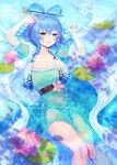  1girl absurdres afloat blue_dress blue_hair breasts dress flower hagoromo hair_ornament highres in_water kaku_seiga lee_jin_byeol lily_pad lotus partially_submerged petals petals_on_liquid pink_flower puffy_sleeves ripples shallow_water shawl touhou water wet 