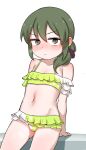  1girl absurdres arm_support ass_visible_through_thighs bangs bare_shoulders bikini blush closed_mouth collarbone frilled_bikini frills green_eyes green_hair hair_between_eyes hair_over_shoulder highres igarashi_futaba_(shiromanta) long_hair looking_at_viewer low_ponytail navel nose_blush note2000 ponytail senpai_ga_uzai_kouhai_no_hanashi solo swimsuit v-shaped_eyebrows white_background white_bikini yellow_bikini 