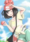  1girl ;d absurdres beanie black_hair cloud commentary_request day floral_print green_shorts hat highres holding holding_poke_ball mochitaro_(mothitaroo) one_eye_closed open_mouth outdoors poke_ball poke_ball_(basic) pokemon pokemon_(game) pokemon_sm red_headwear selene_(pokemon) shirt short_shorts short_sleeves shorts sky smile solo t-shirt tied_shirt tongue 