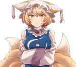  &gt;:) 1girl blonde_hair blush commentary_request crossed_arms fox_tail hat kitsune kyuubi long_sleeves looking_at_viewer mob_cap multiple_tails solo tabard tail touhou twitter_username unkmochi v-shaped_eyebrows yakumo_ran yellow_eyes 
