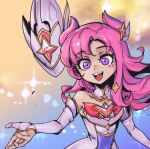  1girl :d bangs bare_shoulders bow bowtie detached_collar elbow_gloves floating floating_object gem gloves grey_gloves grey_shirt hair_ornament kai&#039;sa league_of_legends long_hair multicolored_background phantom_ix_row pink_hair purple_eyes red_bow red_bowtie shiny shiny_hair shirt smile solo star_guardian_kai&#039;sa teeth tongue tongue_out upper_teeth 