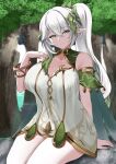  1girl absurdres alternate_breast_size bare_shoulders breasts cleavage dress genshin_impact green_eyes hair_ornament highres large_breasts looking_at_viewer nahida_(genshin_impact) older pointy_ears side_ponytail sitting smile solo thighs tian_kazuki white_dress white_hair 