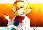  1girl alice_margatroid bangs blonde_hair blue_eyes blurry blurry_foreground bow depth_of_field frills hairband hand_up highres looking_at_viewer open_mouth orange_background qqqrinkappp short_hair simple_background touhou 