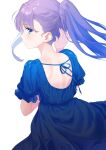  1girl back bangs blue_eyes blue_shirt blush breasts coffeekite fate/extra fate/extra_ccc fate/grand_order fate_(series) highres long_hair looking_at_viewer looking_back meltryllis_(fate) ponytail purple_hair shirt short_sleeves small_breasts solo very_long_hair 