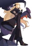  1girl black_coat black_footwear black_pants black_shirt blonde_hair blurry breasts coat commentary cynthia_(pokemon) from_below fur-trimmed_coat fur_collar fur_trim garchomp hair_ornament hair_over_one_eye hand_up high_heels highres kuroto_(cfdg3537) long_hair long_sleeves looking_down pants parted_lips pokemon pokemon_(creature) pokemon_(game) pokemon_dppt shirt smile very_long_hair white_background 