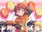  1girl 4boys arms_behind_head aubrey_(omori) balloon bangs basil_(omori) birthday birthday_party black_eyes black_shirt blonde_hair blue_shirt bow brown_hair cactus closed_eyes closed_mouth collared_shirt gift green_shirt hair_bow hat head_tilt hero_(omori) holding holding_gift hood hoodie kel_(omori) long_hair long_sleeves looking_at_viewer multiple_boys omori open_mouth orange_hoodie party_hat pink_background pink_bow pink_shirt shirt short_hair smile standing sunny_(omori) thick_eyebrows xox_xxxxxx 