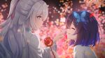  2girls ^_^ absurdres bangs black_hair blue_kimono blue_sky blurry blurry_background blush bronya_zaychik butterfly_hair_ornament caisena candy_apple closed_eyes closed_mouth commentary_request food gradient_hair grey_eyes grey_hair hair_between_eyes hair_ornament hair_ribbon hand_up highres holding holding_food honkai_(series) honkai_impact_3rd japanese_clothes kimono long_hair long_sleeves looking_at_another multicolored_hair multiple_girls night open_mouth outdoors pink_ribbon poking poking_nose profile ribbon seele_vollerei short_hair sidelocks sky smile two-tone_hair upper_body wide_sleeves 