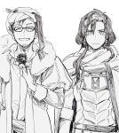  2boys ^_^ armor cloak closed_eyes closed_mouth collared_shirt constantine_xi_(fate) curtained_hair earrings expressionless facial_hair fate/grand_order fate_(series) flower fur-trimmed_jacket fur_trim glasses greyscale grin hair_between_eyes highres holding holding_flower jacket jewelry juliet_sleeves long_hair long_sleeves looking_at_viewer male_focus mehmed_ii_(fate) monochrome multiple_boys open_collar puff_and_slash_sleeves puffy_sleeves qmiqun rose shirt short_hair simple_background smile straight-on stubble turban upper_body white_background 