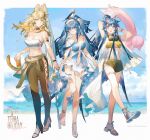  3girls :d alternate_costume animal_ears animal_on_head arknights arm_strap astesia_(arknights) astgenne_(arknights) bandeau bangs bare_arms bare_legs bare_shoulders bird bird_on_head black_choker black_pants blonde_hair blue_dress blue_eyes blue_hair blue_sky blush breasts can cat_ears cat_tail character_name choker cleavage cloud collarbone crop_top day dress full_body goggles goggles_around_neck high_heels highres holding holding_can innertube leggings long_hair looking_at_viewer medium_breasts microdress midriff multiple_girls navel on_head open_mouth outdoors pants quercus_(arknights) sky sleeveless sleeveless_dress sleeveless_jacket smile spaghetti_strap standing stomach strapless tail tube_top yellow_eyes yuji_(fantasia) 