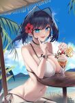 1girl :d absurdres arched_back beach_umbrella bikini black_hair blue_eyes blue_hair blue_sky breast_rest breasts cherry chocolate_syrup cleavage cloud cup day elbow_rest fang flower food fruit hair_flower hair_intakes hair_ornament hibiscus highres holding holding_spoon hololive hololive_english ice_cream index_finger_raised looking_at_viewer navel open_mouth ouro_kronii outdoors red_flower rpg_(ram) short_hair side-tie_bikini sitting sky smile solo spoon stomach sundae swimsuit table umbrella virtual_youtuber 