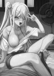  1boy 1girl :d bare_shoulders barefoot blush breasts bulge cover electric_fan greyscale hair_ornament hairclip hetero highres kamaboko_(ossann0125) large_breasts long_hair looking_at_viewer male_underwear mole mole_under_mouth monochrome navel nipples one_breast_out original shorts side_ponytail sitting smile sweat tatami teeth tongue underwear v 