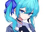  1girl absurdres black_choker blue_eyes blue_hair choker closed_mouth collared_shirt hair_between_eyes highres hololive hoshimachi_suisei long_hair looking_at_viewer nanashnojo shirt simple_background solo star_(symbol) twintails upper_body virtual_youtuber white_background 