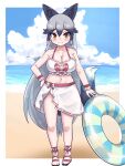  1girl :3 animal_ears aramaru bikini blush bow collarbone commentary_request extra_ears fox_ears fox_girl fox_tail grey_hair highres innertube kemono_friends kemono_friends_3 long_hair midriff multicolored_hair navel official_alternate_costume orange_eyes red_bow sandals sarong silver_fox_(kemono_friends) solo swimsuit tail white_bikini white_sarong wrist_cuffs 