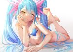  1girl ass bangs barefoot bikini blue_bikini blue_hair blush bombergirl flat_chest hair_over_one_eye hesoten lewisia_aquablue long_hair looking_at_viewer lying navel on_stomach pointy_ears smile solo swimsuit twintails very_long_hair yellow_eyes 