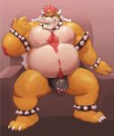  2022 absurd_res anklet anthro armband barazoku beckoning belly biceps big_belly big_bulge big_muscles bin_(artist) body_hair bowser bracelet brown_background bulge chair chest_hair claws clothing collar eyebrows furniture gesture hair happy_trail hi_res horn inviting jewelry koopa legband looking_at_viewer male mario_bros musclegut muscular muscular_anthro muscular_male navel nintendo nipples non-mammal_nipples overweight overweight_anthro overweight_male pecs pubes scalie shell simple_background sitting smile solo spiked_anklet spiked_armband spiked_bracelet spiked_collar spiked_legband spiked_shell spikes spikes_(anatomy) teeth thick_thighs thong underwear video_games 