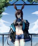  1girl absurdres amiya_(arknights) animal_ears arknights ascot bangs bare_shoulders bikini black_bikini black_jacket blue_ascot blue_eyes blue_shorts blue_sky brown_hair cloud commentary copyright_name cowboy_shot day groin hair_between_eyes highres jacket long_hair long_sleeves looking_at_viewer nash11 navel ocean off_shoulder open_clothes open_fly open_jacket rabbit_ears railing short_shorts shorts sky solo standing stomach swimsuit thigh_strap thighs very_long_hair 