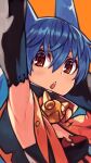  1girl armpits bangs blue_hair breasts chestnut_mouth eyebrows_hidden_by_hair hair_between_eyes highres long_hair looking_at_viewer open_mouth orange_background orange_eyes original presenting_armpit ringed_eyes rumie simple_background small_breasts solo tiona upper_body 