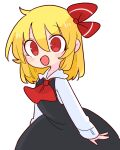  1girl :d ascot black_vest blonde_hair hair_between_eyes highres looking_at_viewer op_na_yarou open_mouth red_ascot red_eyes rumia shirt short_hair simple_background smile solo touhou vest white_background 