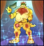  2022 anthro arm_hair balls barefoot beard belly big_belly black_border bodily_fluids body_hair border bowser bowser_day bracelet chest_hair claws clothing curtains erection eyebrows facial_hair feet genital_fluids genitals hair hairy hi_res holding_belly horn horn_jewelry horn_ring hotoshuken humanoid_genitalia humanoid_penis inside jewelry jockstrap koopa leg_hair male mario_bros moobs narrowed_eyes navel nintendo nipples non-mammal_balls non-mammal_nipples nude overweight overweight_anthro overweight_male penis plantigrade precum pubes ring_(jewelry) scalie shell smile solo sparkles spiked_bracelet spiked_shell spiked_tail spikes spikes_(anatomy) stage standing teeth underwear video_games 