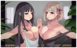  2girls artist_name asymmetrical_docking bangs banned_artist bare_shoulders black_dress black_hair blonde_hair breast_press breasts collarbone dress hair_ribbon holding_hands inoue_takina interlocked_fingers large_breasts long_hair lycoris_recoil multiple_girls nishikigi_chisato outstretched_arm parted_lips purple_eyes red_eyes red_ribbon ribbon short_hair sleeveless sleeveless_dress upper_body viola_(seed) white_dress yuri 