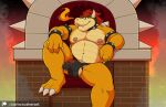  2022 accessory anthro armband balls belly big_bulge big_muscles black_background bowser bowser_day bracelet breath_powers bulge chair clamcrusher claws clothed clothing cock_ring collar elemental_manipulation erection erection_under_clothing eyebrows fire fire_breathing fire_manipulation furniture genitals hair hi_res horn jewelry koopa looking_at_viewer male mario_bros musclegut muscular muscular_anthro muscular_male narrowed_eyes navel nintendo nipples non-mammal_balls non-mammal_nipples patreon pecs penis penis_accessory penis_jewelry scalie shell simple_background sitting smile solo spiked_armband spiked_bracelet spiked_collar spiked_shell spikes spikes_(anatomy) teeth tenting text thong throne underwear url video_games 