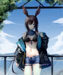  1girl absurdres amiya_(arknights) animal_ears arknights ascot bangs bare_shoulders bikini black_bikini black_jacket blue_ascot blue_eyes blue_shorts blue_sky brown_hair cloud commentary cowboy_shot day groin hair_between_eyes highres jacket long_hair long_sleeves looking_at_viewer nash11 navel ocean off_shoulder open_clothes open_fly open_jacket rabbit_ears railing short_shorts shorts sky solo standing stomach swimsuit thigh_strap thighs very_long_hair 