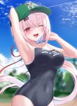  1girl absurdres arm_behind_head armpits bangs baseball_cap black_swimsuit breasts clothes_writing covered_navel day green_headwear hair_between_eyes hair_ornament hairclip hat highres long_hair looking_at_viewer low_ponytail maegawa_pic medium_breasts nijisanji one-piece_swimsuit open_mouth outdoors pink_eyes pink_hair red_ribbon ribbon shiina_yuika sky solo swimsuit very_long_hair virtual_youtuber 