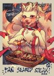  anthro beef breasts canid canine chest_tuft cinna_(local_dog_awoos) clothing digital_media_(artwork) dipstick_tail female fingers food fox fur hi_res local_dog_awoos mammal markings meat multi_tail ninetales nintendo pok&eacute;mon pok&eacute;mon_(species) red_eyes solo steak tail_markings tuft veil video_games 
