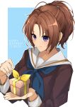  1girl absurdres blue_neckerchief box brown_hair brown_shirt closed_mouth gift guchikawa_(kimagurep) hands_up happy_birthday hibike!_euphonium highres holding holding_box holding_gift kitauji_high_school_uniform long_hair long_sleeves nakagawa_natsuki neckerchief ponytail purple_eyes sailor_collar school_uniform serafuku shirt smile solo uniform white_sailor_collar 