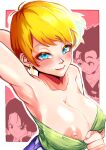  arm_behind_head armpits bare_shoulders belt blonde_hair blue_eyes blue_pants blush breasts collarbone dragon_ball dragon_ball_z earrings eyeshadow green_shirt highres hoop_earrings ireza jewelry jins large_breasts looking_at_viewer makeup nipples pants red_eyeshadow seductive_smile shirt short_hair smile solo_focus son_gohan strapless strapless_shirt tube_top tube_top_pull videl white_belt 