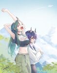  2girls ^_^ aircraft airplane alternate_costume arknights armpits arms_up bangs black_choker blue_hair blue_sky breasts ch&#039;en_(arknights) choker closed_eyes clothes_writing cloud commentary crop_top dragon_horns green_hair green_pants highres horns hoshiguma_(arknights) large_breasts long_sleeves midriff multiple_girls navel open_mouth outdoors pants parted_lips red_eyes scoop404 shirt short_sleeves single_horn sky stomach sweater t-shirt tears white_sweater 