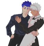  2boys alternate_costume archer_(fate) arm_around_waist belt black_pants blue_eyes blue_hair blue_shirt crossdressing cu_chulainn_(fate) dark-skinned_male dark_skin dress_shirt earrings fate/stay_night fate_(series) hand_on_another&#039;s_chest harusima highres jewelry looking_at_viewer maid maid_headdress male_focus multiple_boys one_eye_closed pants red_eyes shirt short_hair smile white_background white_hair yaoi 