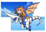  1girl absurdres animal_ears aonoji blue_dragon_(panzer_dragoon) bomber_jacket bow brown_bow brown_jacket brown_thighhighs chibi crop_top dragon ear_bow highres horse_ears horse_girl horse_tail jacket long_hair long_sleeves mayano_top_gun_(umamusume) midriff navel orange_eyes orange_hair panzer_dragoon pointing riding riding_dragon shirt sky tail thighhighs two_side_up umamusume yellow_shirt 