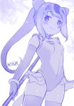  1girl animal_ears breasts circlet commentary_request elbow_gloves extra_ears gloves golden_snub-nosed_monkey_(kemono_friends) greyscale highres kemono_friends leotard long_hair looking_at_viewer masuyama_ryou monkey_ears monochrome multicolored_hair ponytail small_breasts smile solo staff tail thighhighs 
