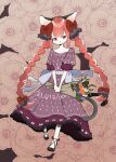  1girl alternate_costume animal_ears black_footwear bouquet bow braid cat_ears cat_tail dress flower footwear_bow frills high_heels highres kaenbyou_rin kitanor1345 leaf long_hair multiple_tails open_mouth plant purple_dress red_bow red_eyes red_hair slit_pupils solo tail touhou twin_braids two_tails very_long_hair waist_bow white_bow 