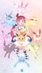  1girl :o bangs boots braid braided_ponytail chloe_(pokemon) collared_dress dress eevee espeon eyelashes flareon flower glaceon green_eyes hair_flower hair_ornament hands_up highres jolteon leafeon mei_(maysroom) open_mouth pink_flower pokemon pokemon_(anime) pokemon_(creature) pokemon_journeys short_sleeves sylveon tongue umbreon vaporeon w_arms white_dress white_footwear 